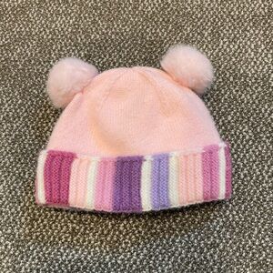 Pink and Purple Striped Baby Hat with Pom Poms - 12-24 month